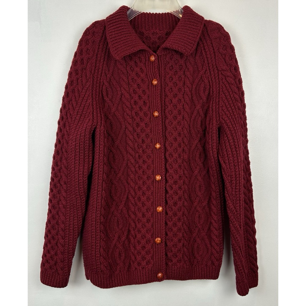 Cardigan Sweater Women Medium Chunky Cable Knit Wool Fisherman Handmade Red